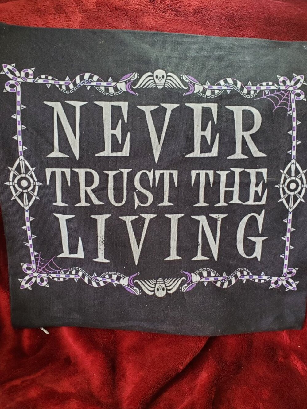 Never Trust the Living Velvet feel Square Pillow cover Beetlejuice inspired NEW